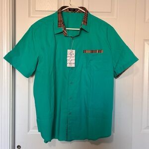COOFANDY Men’s Shirt Casual Short Sleeve Button Down Aqua w/ Plaid Trim XXL NWT!